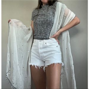 Vintage Silk White Sequin Beaded Scarf Wrap